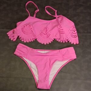 NIP. Peddney Hot Pink Ruffle Bikini Set With Boho Style Cut Out - Small